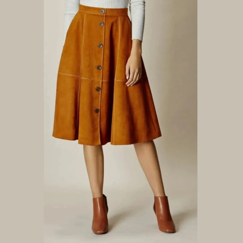 Karen Millen Brown Vegan Faux Suede Button Front Western A-Line Skirt Size 8